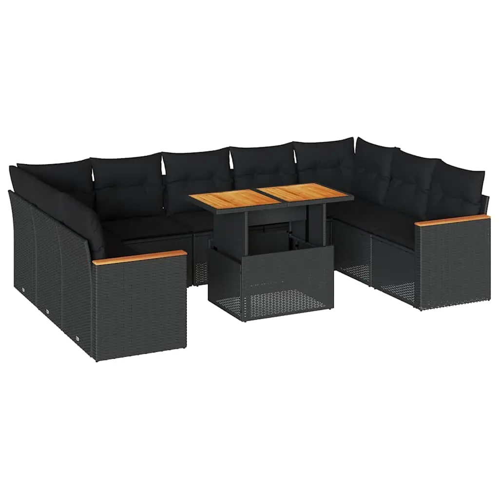 10 Piece Garden Sofa Set with Cushions Black Poly Rattan Acacia 3327527 - Furniture
