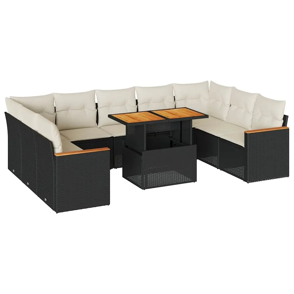 10 Piece Garden Sofa Set with Cushions Black Poly Rattan Acacia 3327528 - Furniture