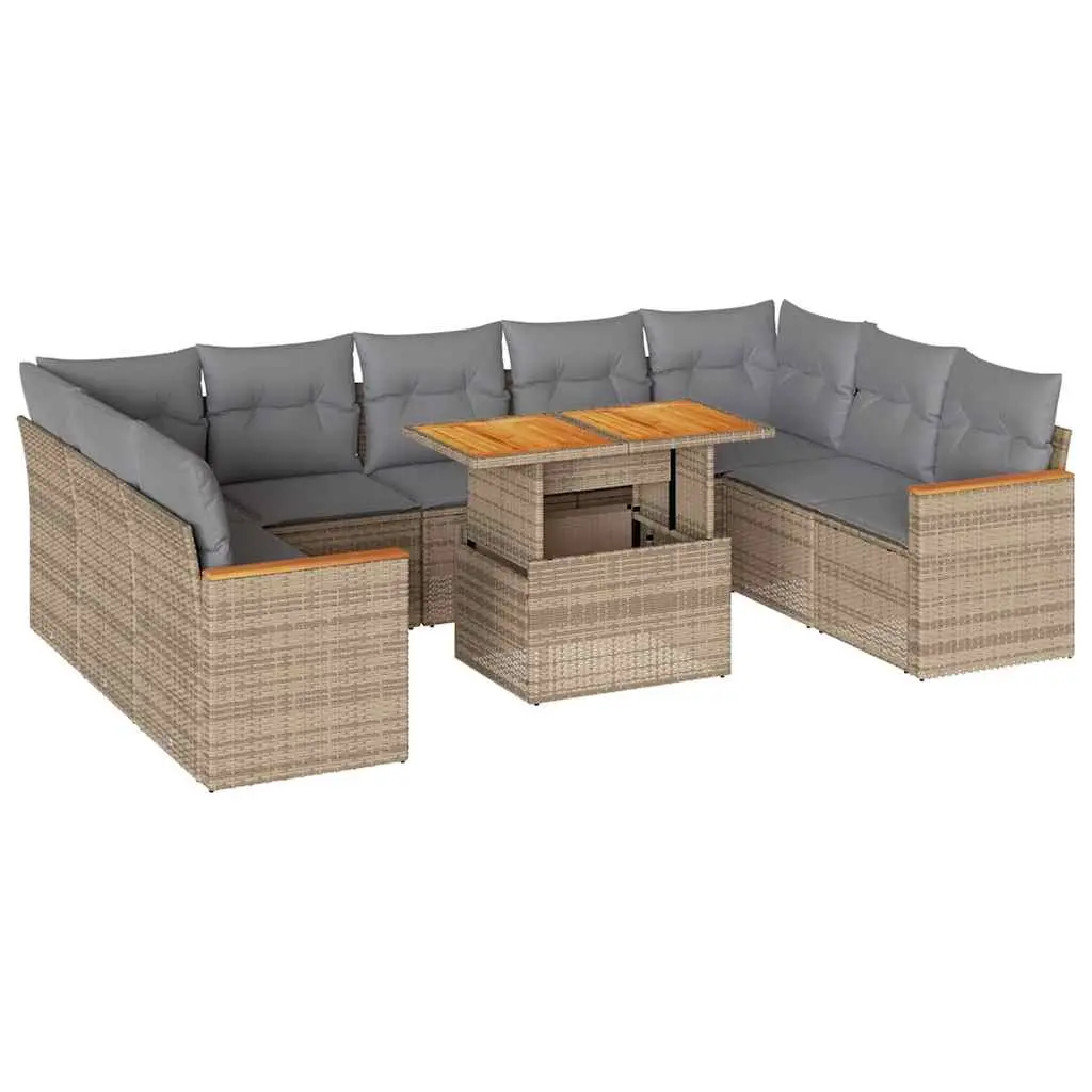10 Piece Garden Sofa Set with Cushions Beige Poly Rattan Acacia 3327531 - Furniture