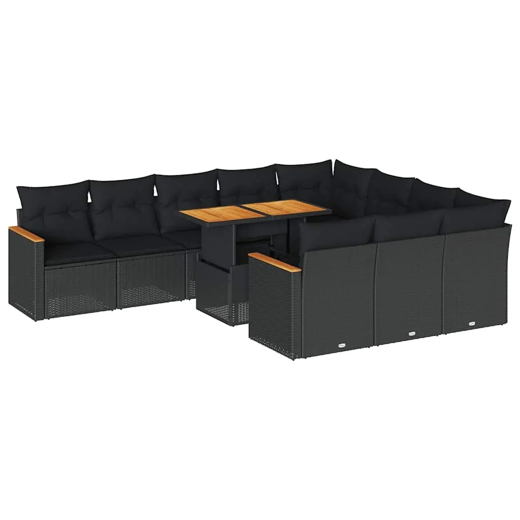 11 Piece Garden Sofa Set with Cushions Black Poly Rattan Acacia 3327534 - Furniture