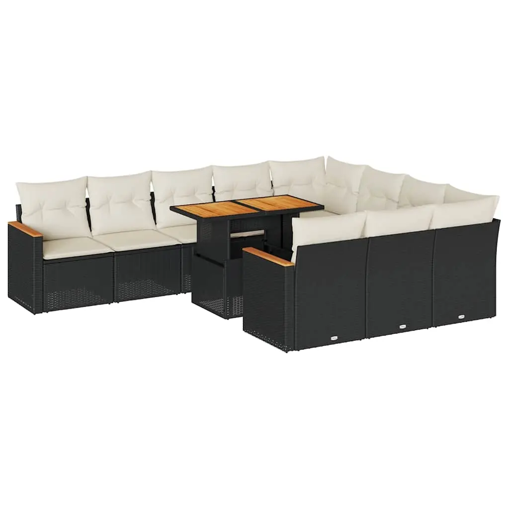 11 Piece Garden Sofa Set with Cushions Black Poly Rattan Acacia 3327535 - Furniture