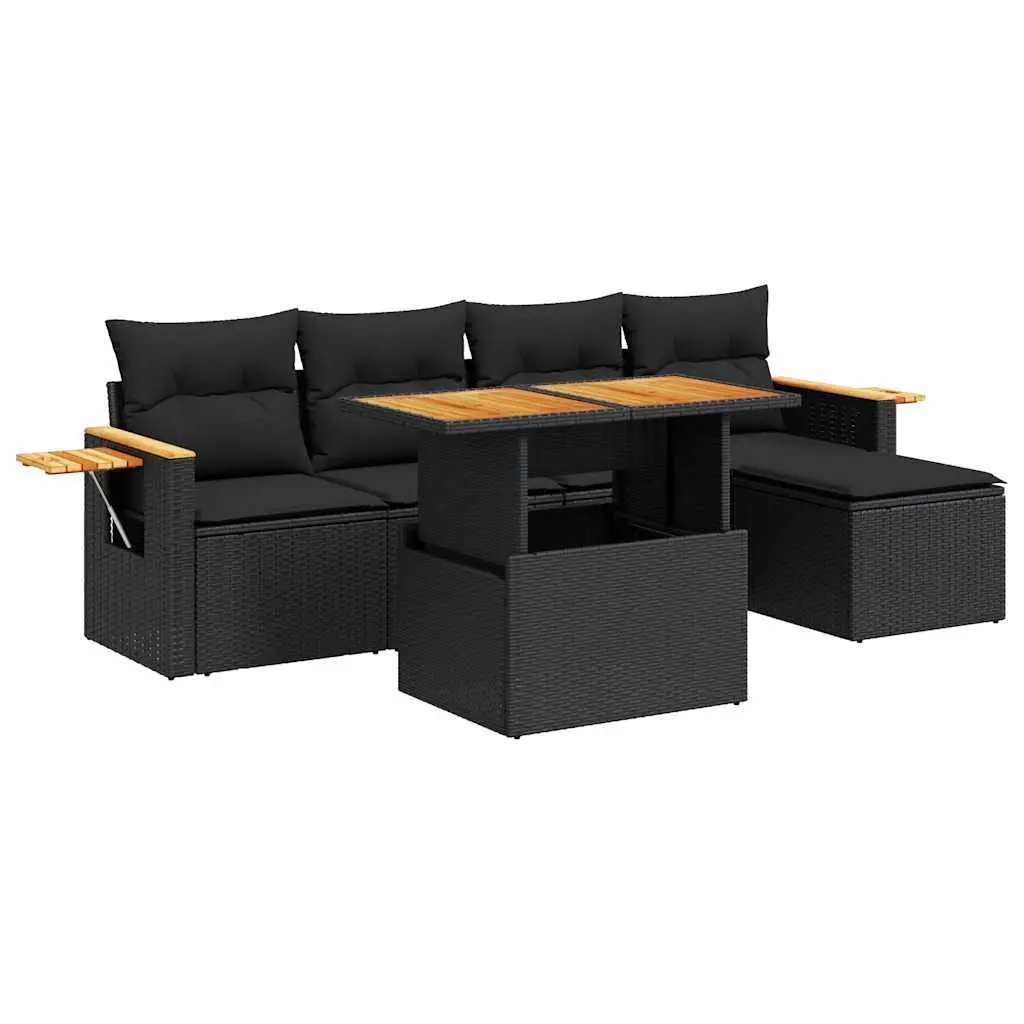 6 Piece Garden Sofa Set with Cushions Black Poly Rattan Acacia 3327583 - Furniture