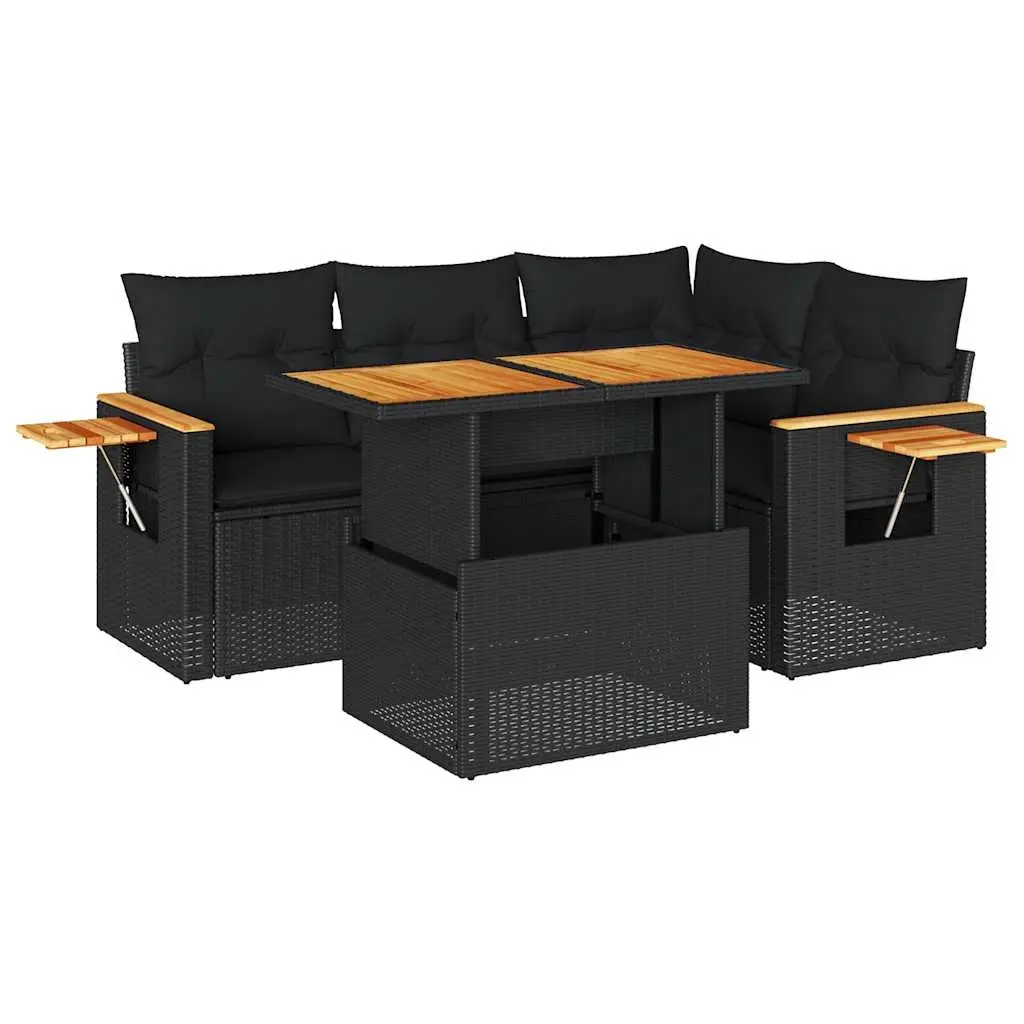 4 Piece Garden Sofa Set with Cushions Black Poly Rattan Acacia 3327590 - Furniture