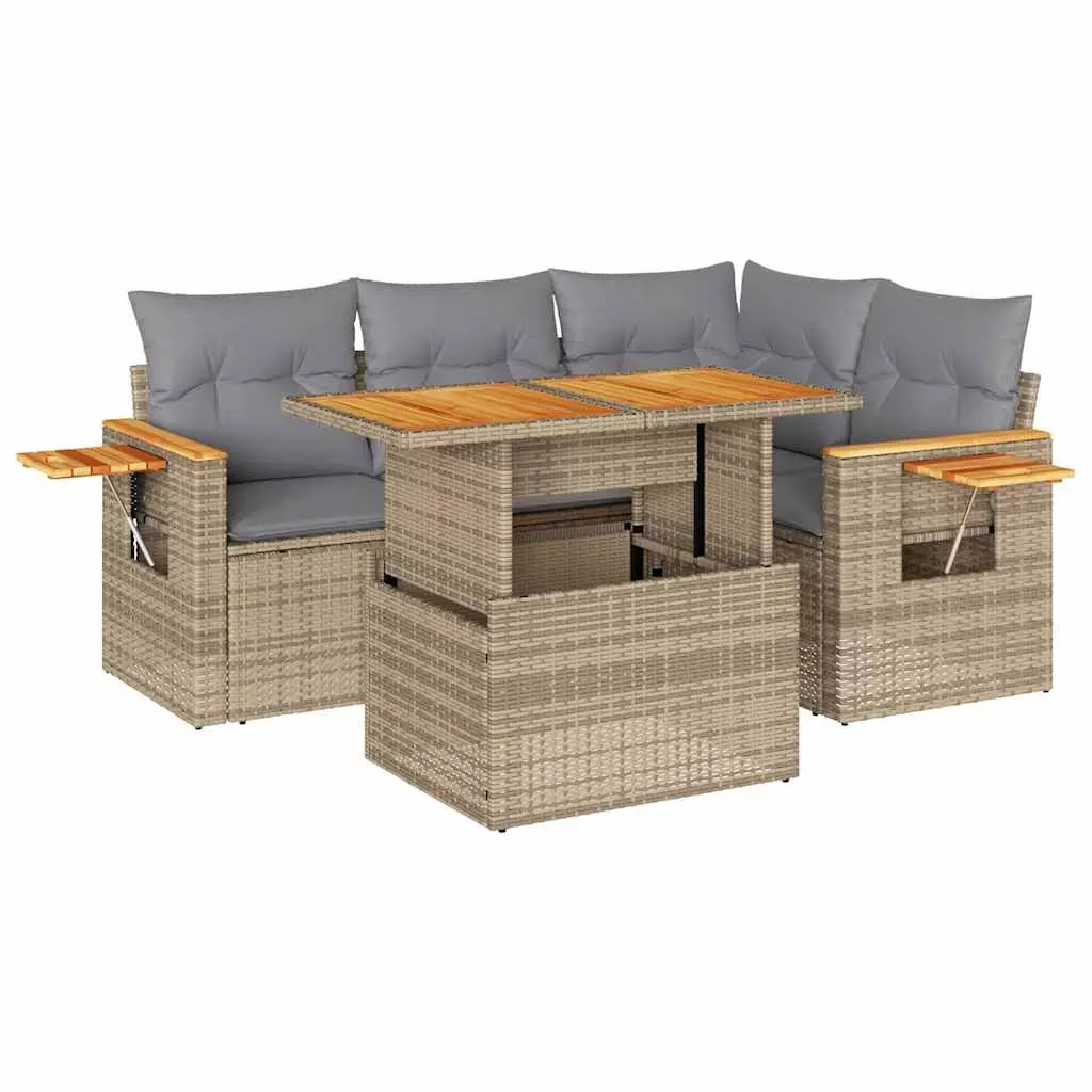 4 Piece Garden Sofa Set with Cushions Beige Poly Rattan Acacia 3327594 - Furniture