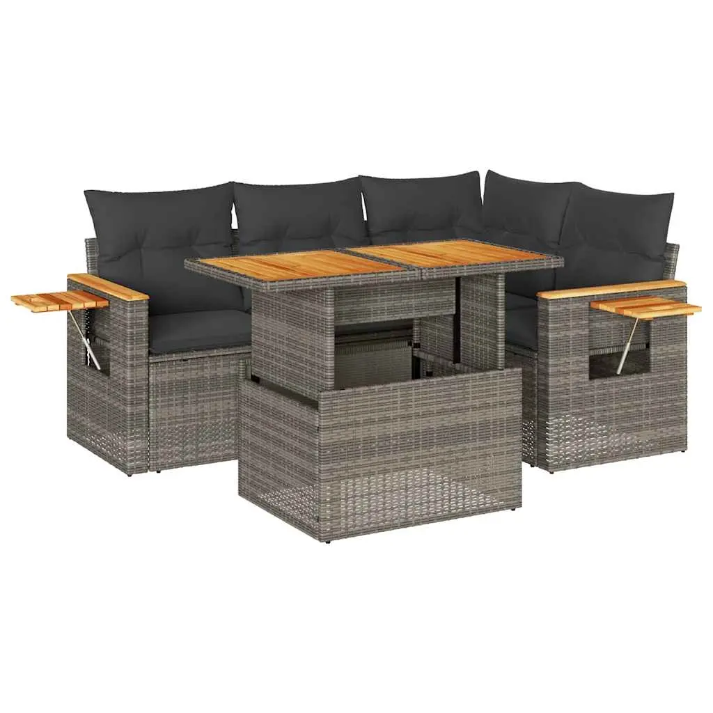 4 Piece Garden Sofa Set with Cushions Grey Poly Rattan Acacia 3327595 - Furniture