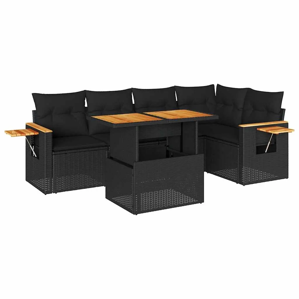 5 Piece Garden Sofa Set with Cushions Black Poly Rattan Acacia 3327597 - Furniture