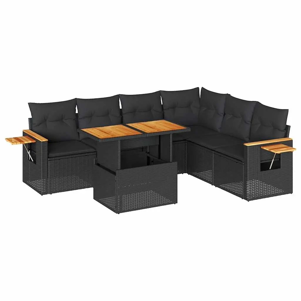6 Piece Garden Sofa Set with Cushions Black Poly Rattan Acacia 3327604 - Furniture