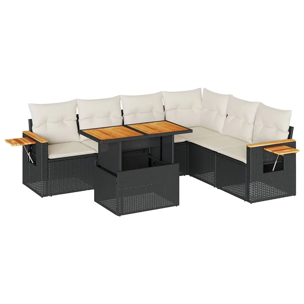 6 Piece Garden Sofa Set with Cushions Black Poly Rattan Acacia 3327605 - Furniture