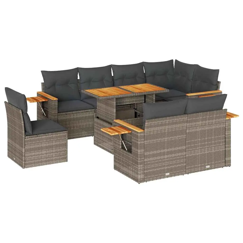 9 Piece Garden Sofa Set with Cushions Grey Poly Rattan Acacia 3327616 - Furniture