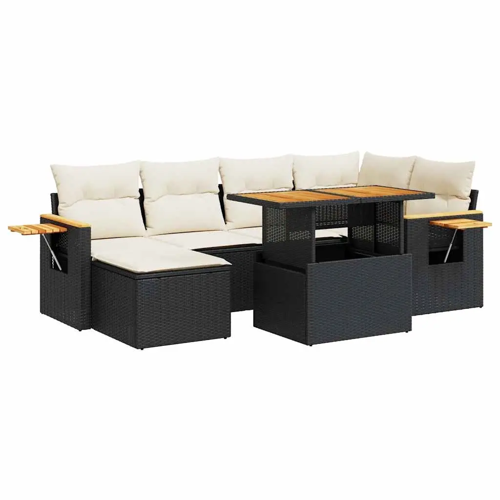 7 Piece Garden Sofa Set with Cushions Black Poly Rattan Acacia 3327619 - Furniture