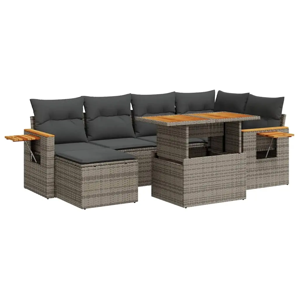 7 Piece Garden Sofa Set with Cushions Grey Poly Rattan Acacia 3327623 - Furniture