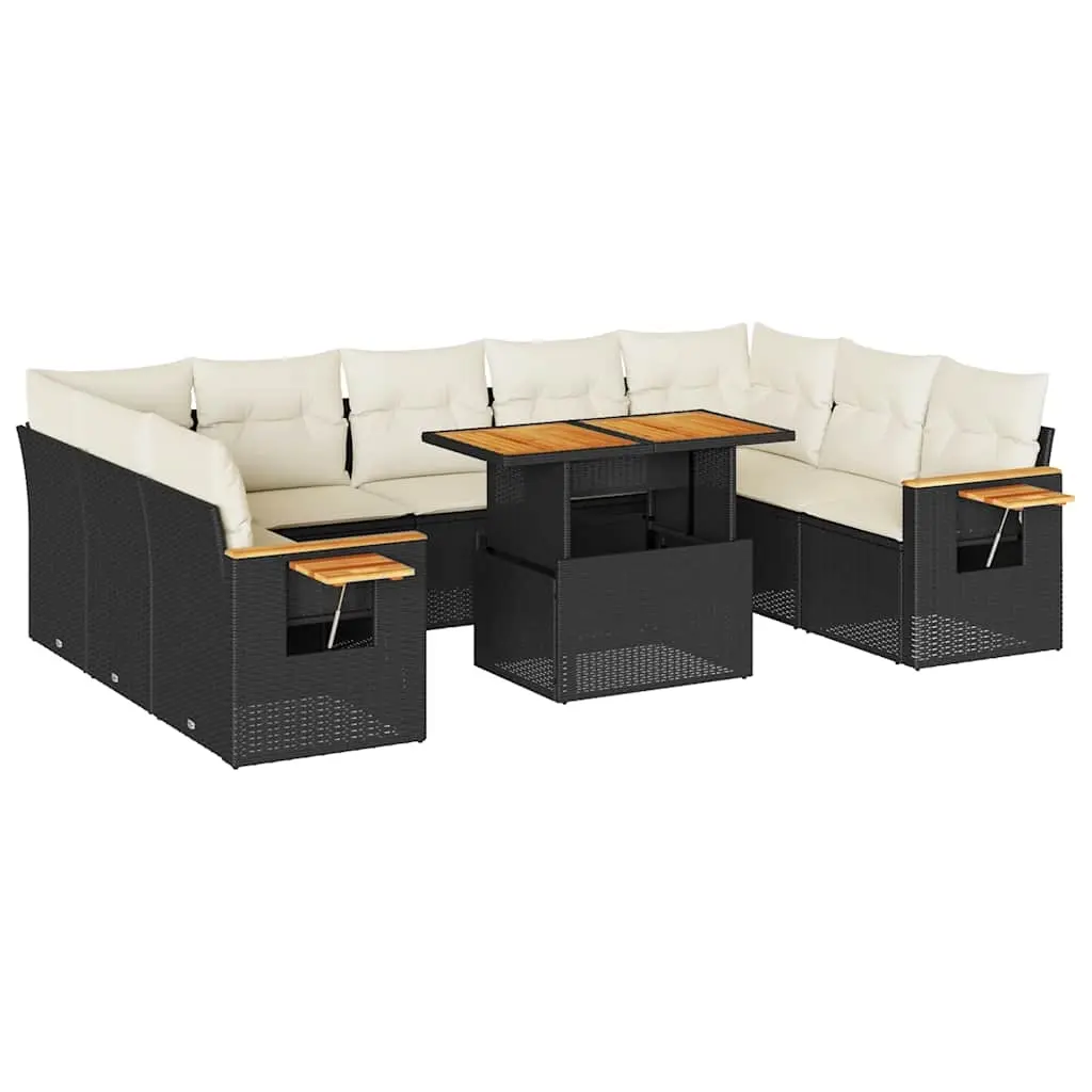 10 Piece Garden Sofa Set with Cushions Black Poly Rattan Acacia 3327640 - Furniture