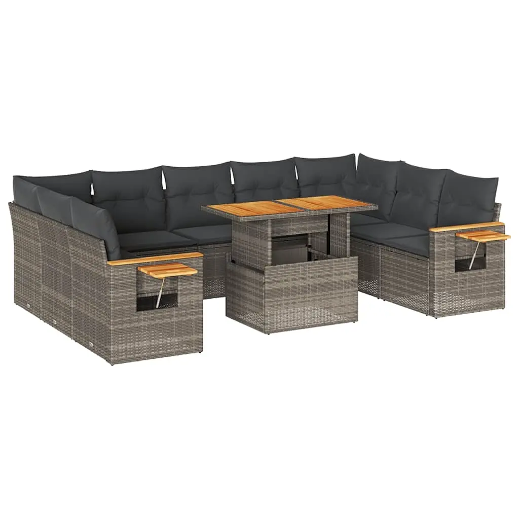 10 Piece Garden Sofa Set with Cushions Grey Poly Rattan Acacia 3327644 - Furniture