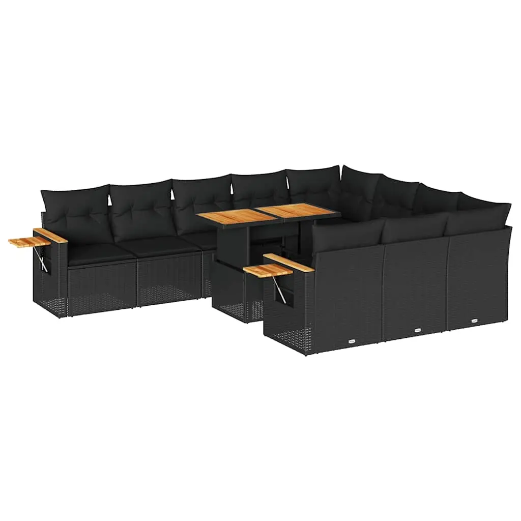 10 Piece Garden Sofa Set with Cushions Black Poly Rattan Acacia 3327646 - Furniture