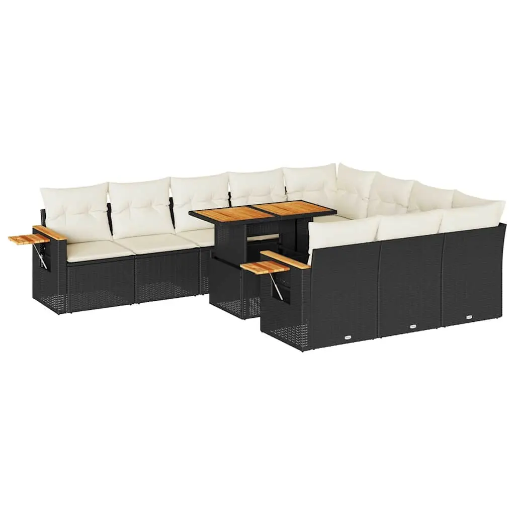 10 Piece Garden Sofa Set with Cushions Black Poly Rattan Acacia 3327647 - Furniture