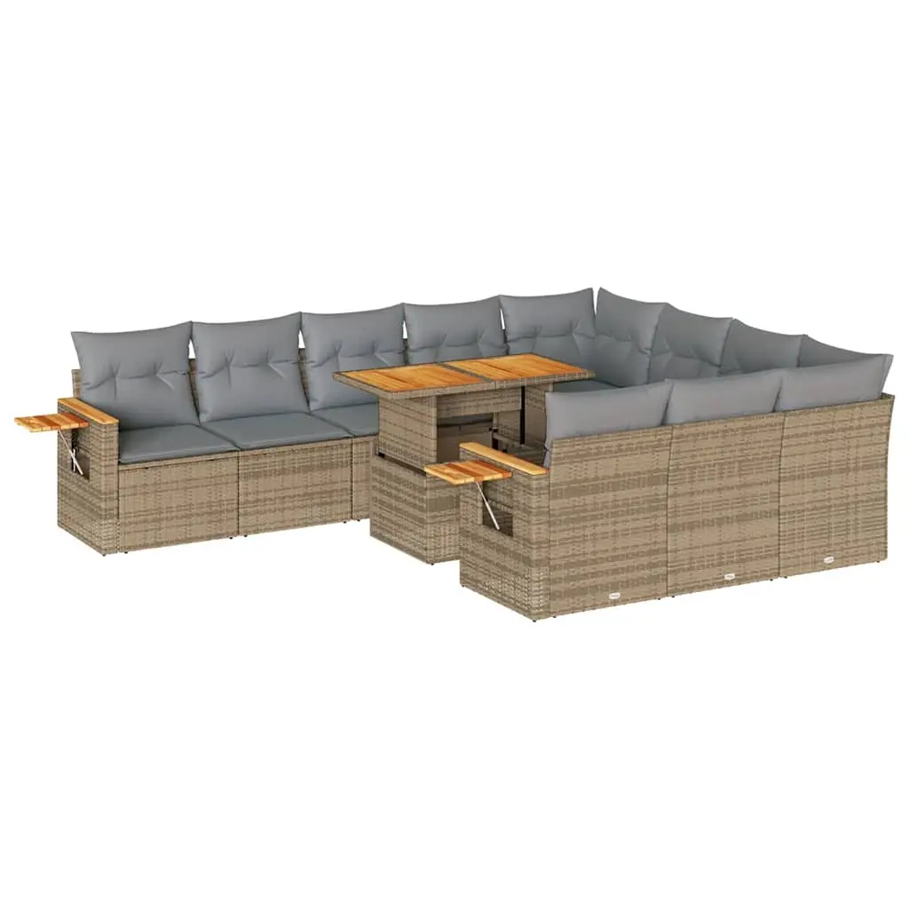10 Piece Garden Sofa Set with Cushions Beige Poly Rattan Acacia 3327650 - Furniture