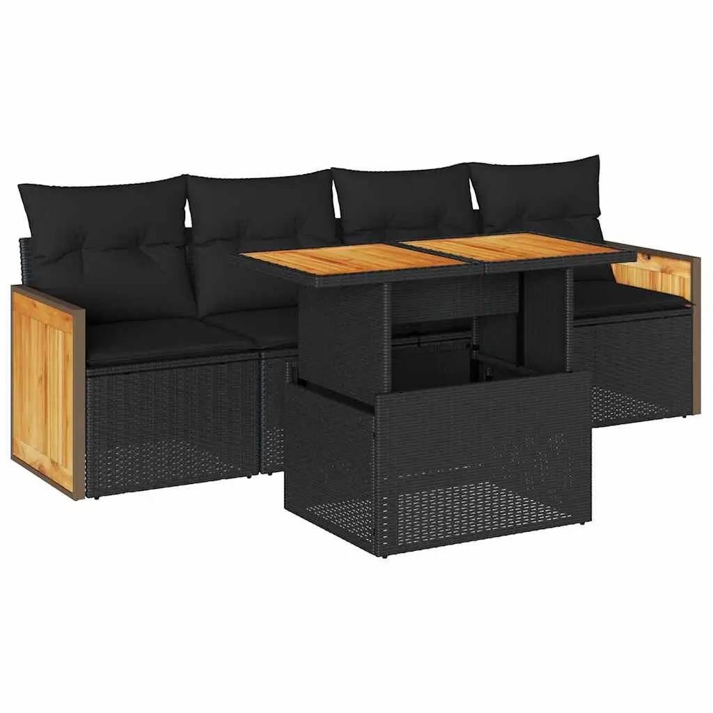 5 Piece Garden Sofa Set with Cushions Black Poly Rattan Acacia 3327653 - Furniture