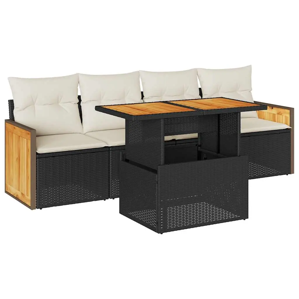 5 Piece Garden Sofa Set with Cushions Black Poly Rattan Acacia 3327654 - Furniture