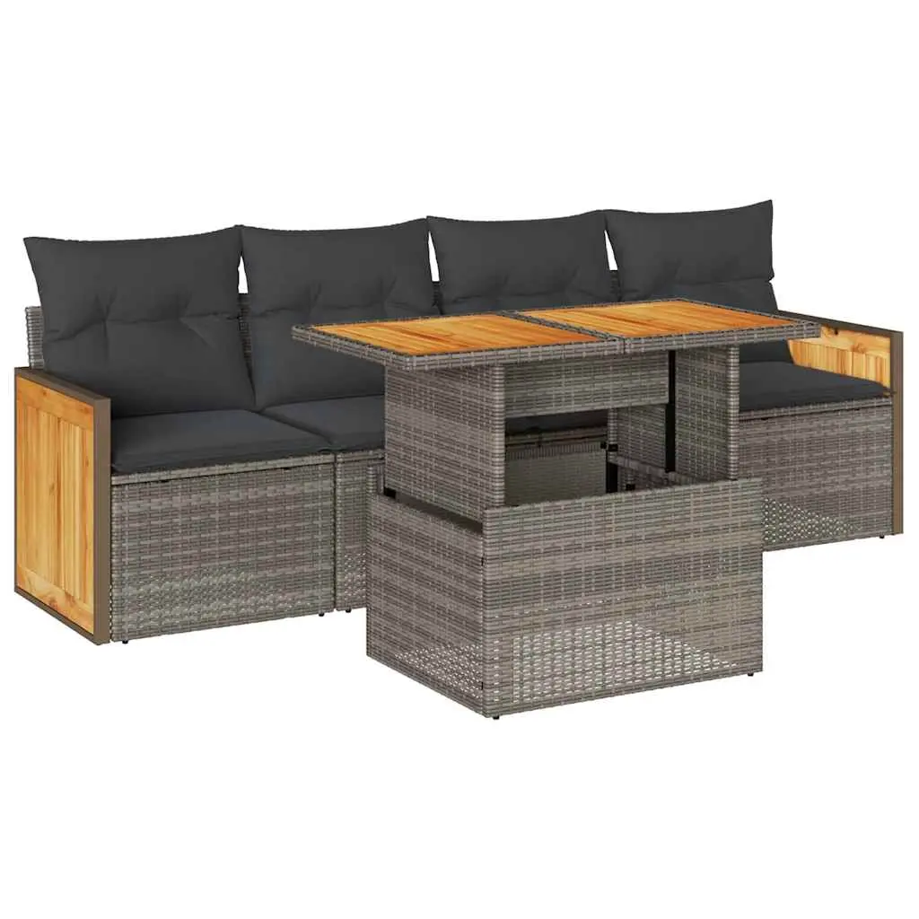 5 Piece Garden Sofa Set with Cushions Grey Poly Rattan Acacia 3327658 - Furniture
