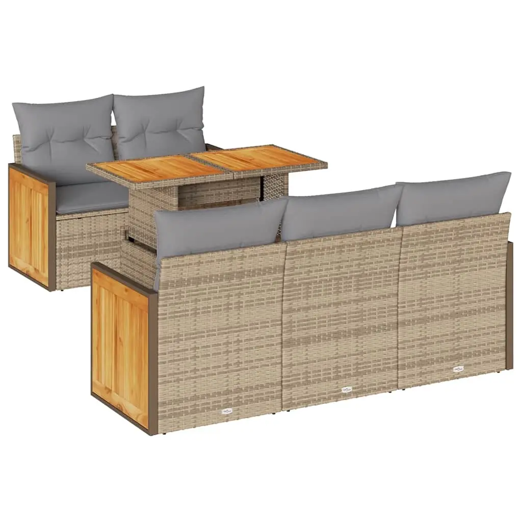 6 Piece Garden Sofa Set with Cushions Beige Poly Rattan Acacia 3327664 - Furniture