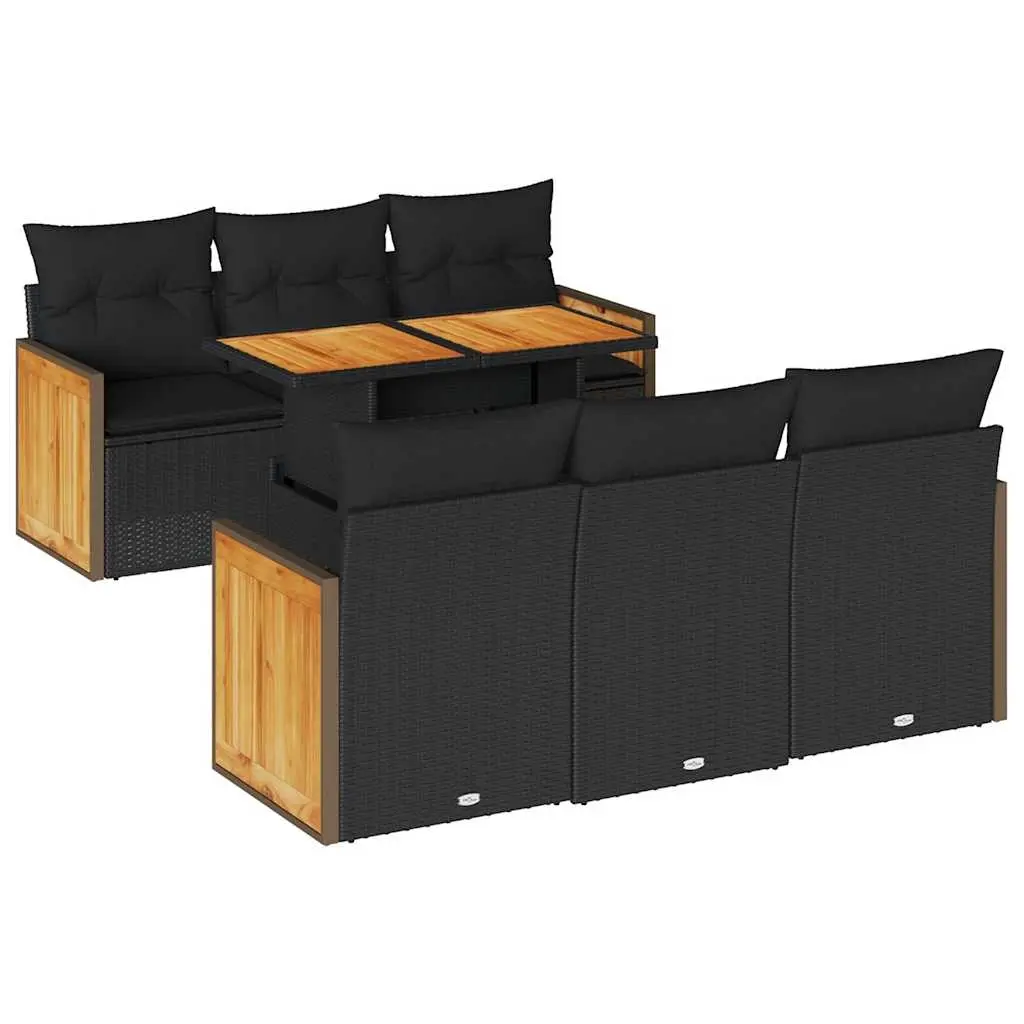 7 Piece Garden Sofa Set with Cushions Black Poly Rattan Acacia 3327667 - Furniture