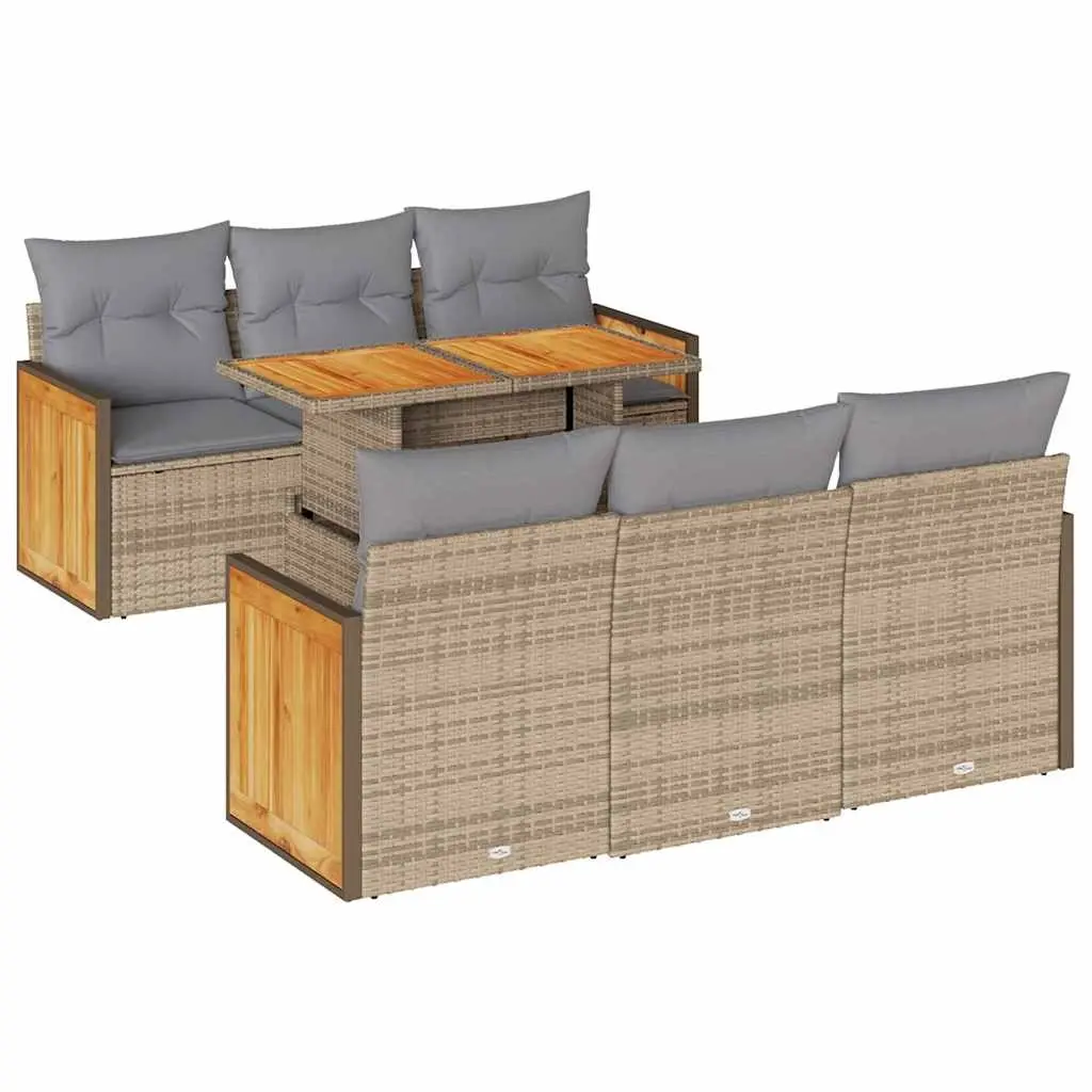 7 Piece Garden Sofa Set with Cushions Beige Poly Rattan Acacia 3327671 - Furniture