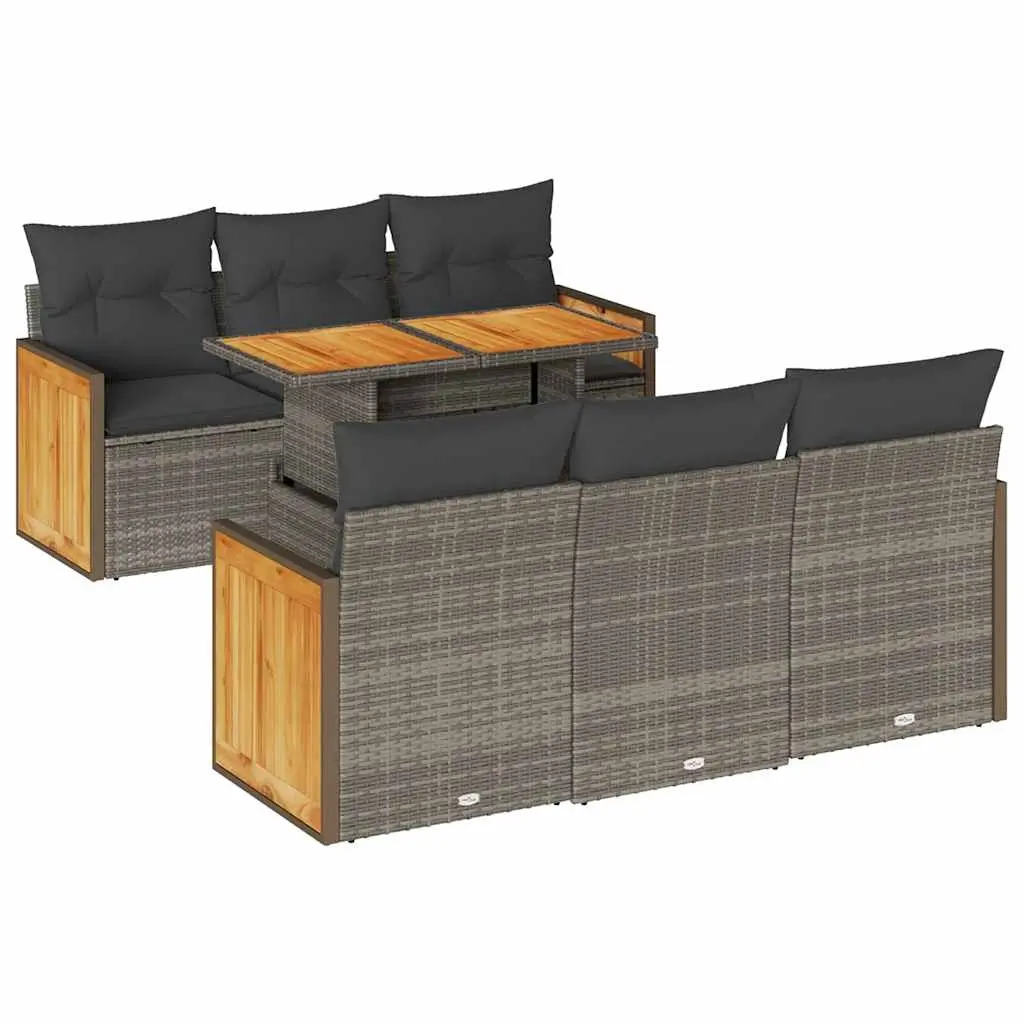 7 Piece Garden Sofa Set with Cushions Grey Poly Rattan Acacia 3327672 - Furniture