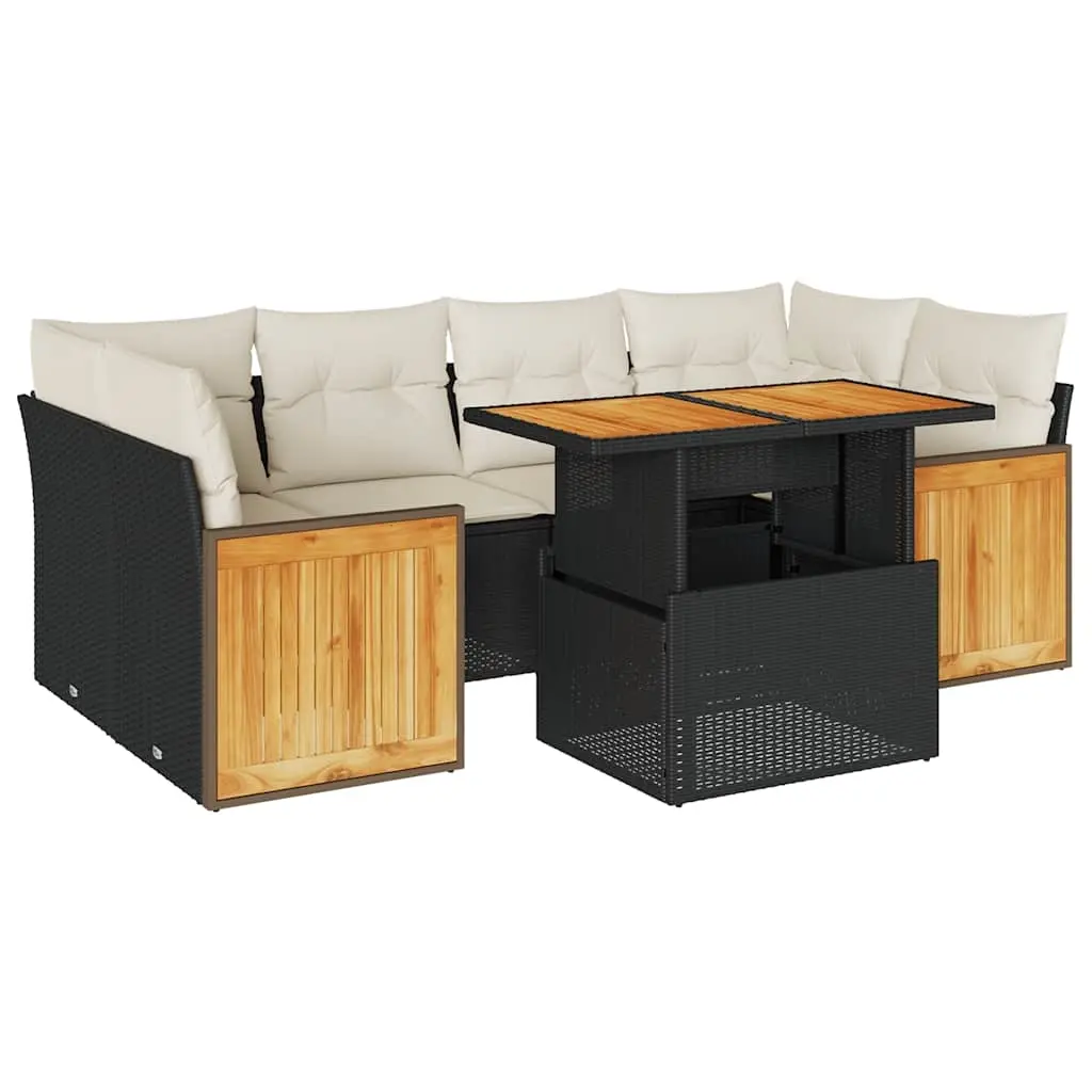 7 Piece Garden Sofa Set with Cushions Black Poly Rattan Acacia 3327675 - Furniture
