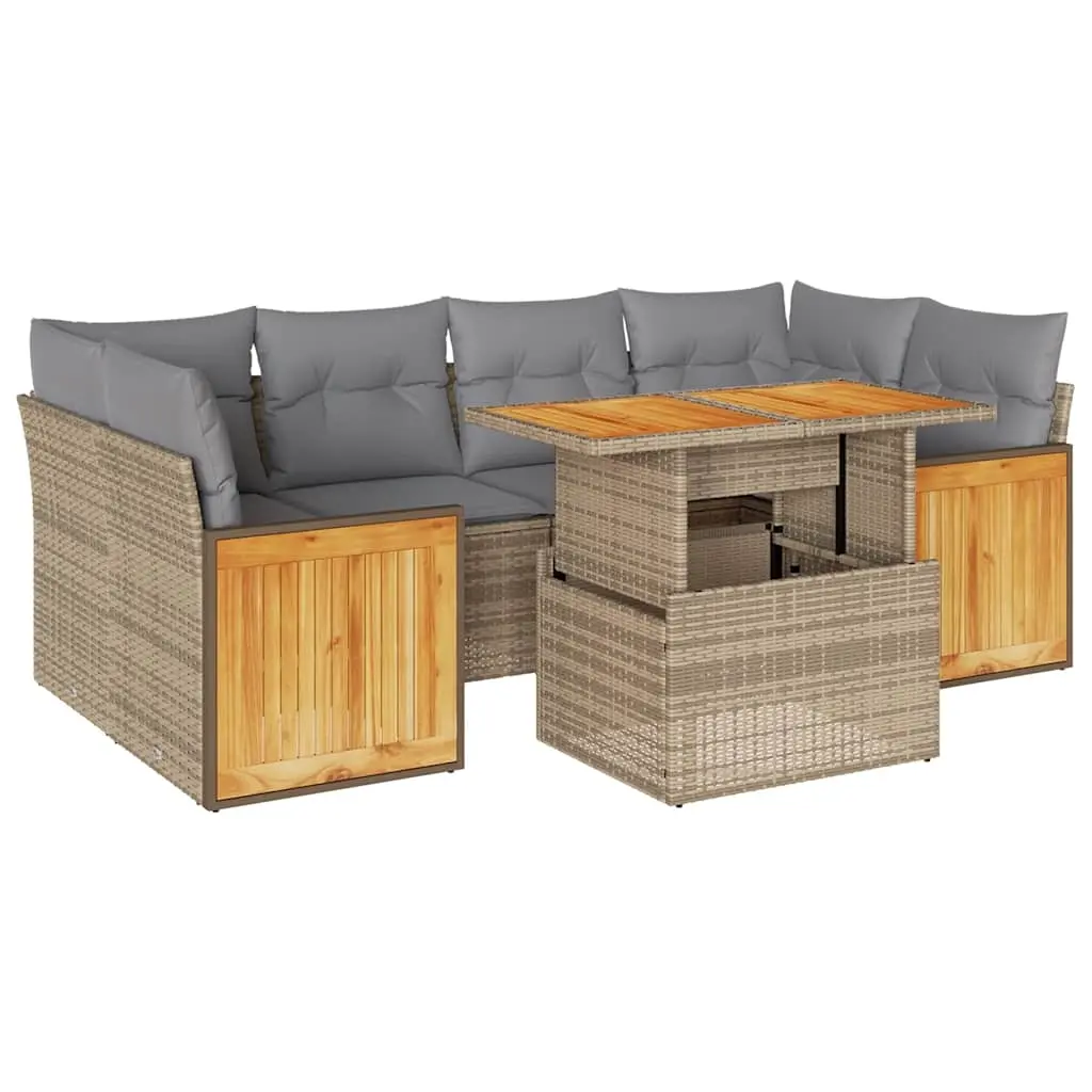 7 Piece Garden Sofa Set with Cushions Beige Poly Rattan Acacia 3327678 - Furniture