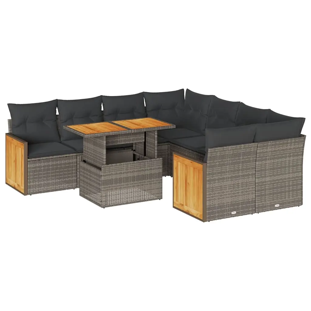 9 Piece Garden Sofa Set with Cushions Grey Poly Rattan Acacia 3327693 - Furniture