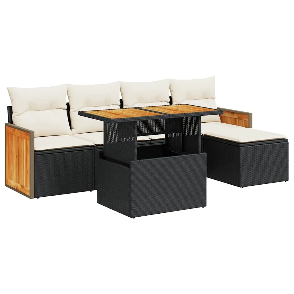 6 Piece Garden Sofa Set with Cushions Black Poly Rattan Acacia 3327696 - Furniture