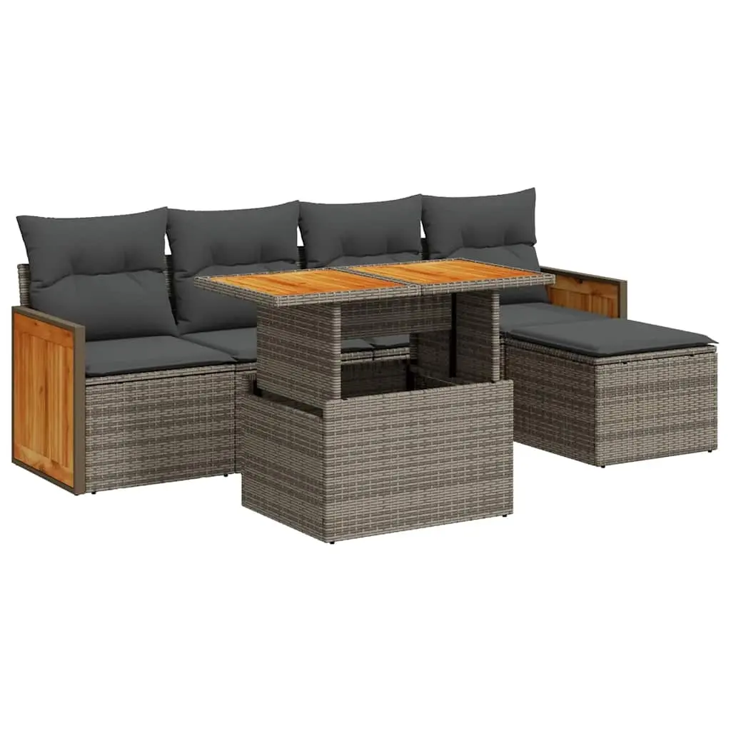 6 Piece Garden Sofa Set with Cushions Grey Poly Rattan Acacia 3327700 - Furniture