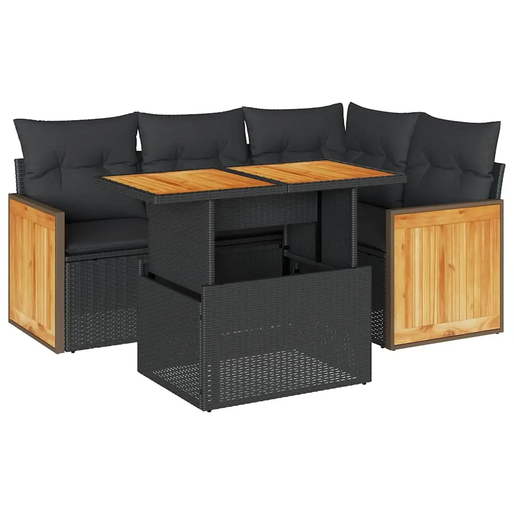 5 Piece Garden Sofa Set with Cushions Black Poly Rattan Acacia 3327702 - Furniture