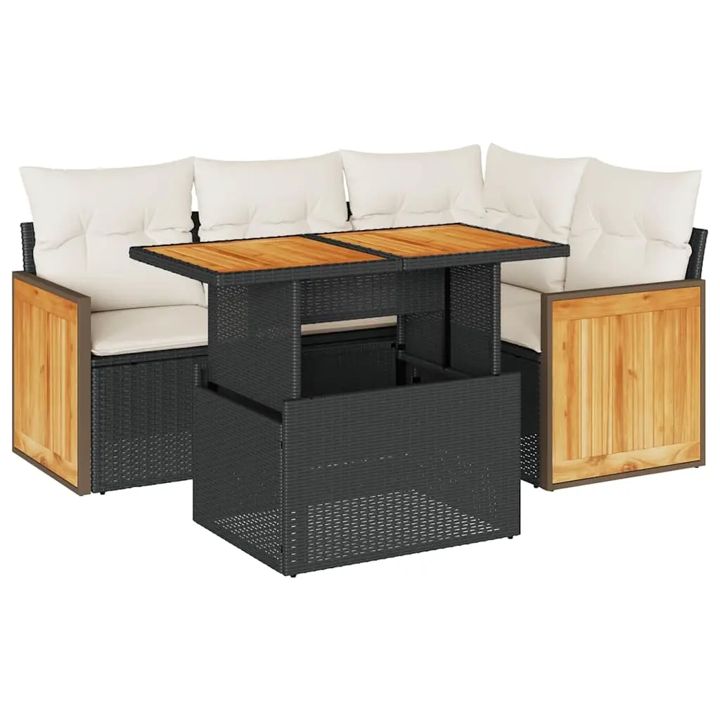 5 Piece Garden Sofa Set with Cushions Black Poly Rattan Acacia 3327703 - Furniture