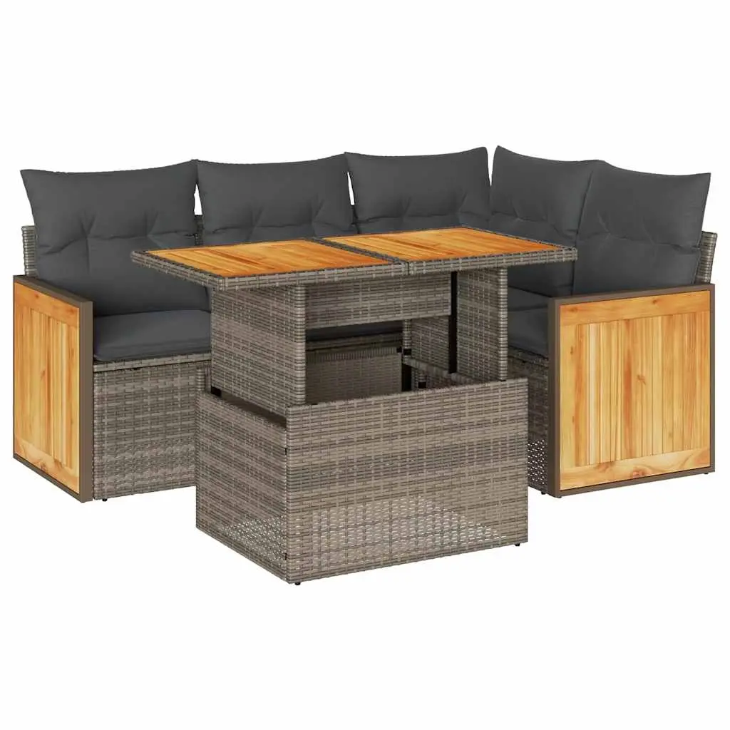 5 Piece Garden Sofa Set with Cushions Grey Poly Rattan Acacia 3327707 - Furniture