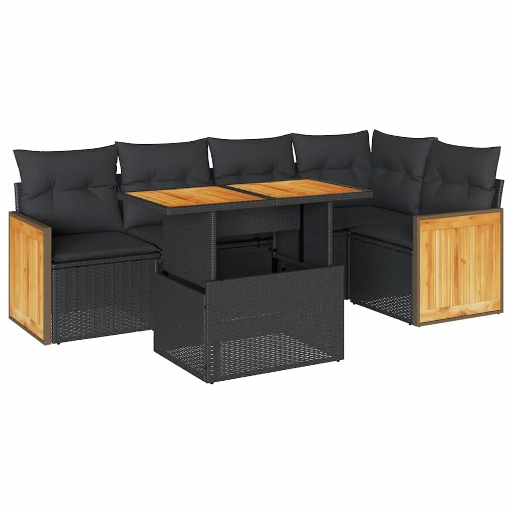 6 Piece Garden Sofa Set with Cushions Black Poly Rattan Acacia 3327709 - Furniture