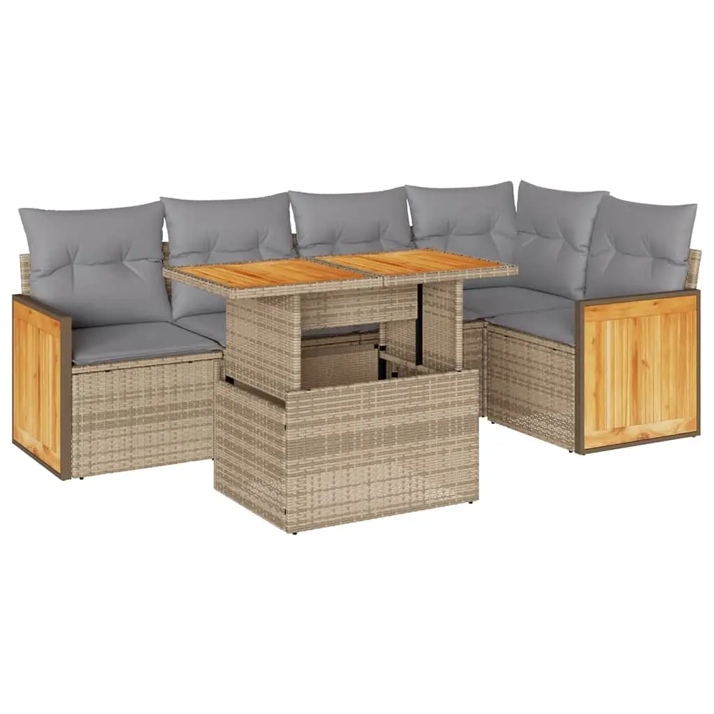 6 Piece Garden Sofa Set with Cushions Beige Poly Rattan Acacia 3327713 - Furniture