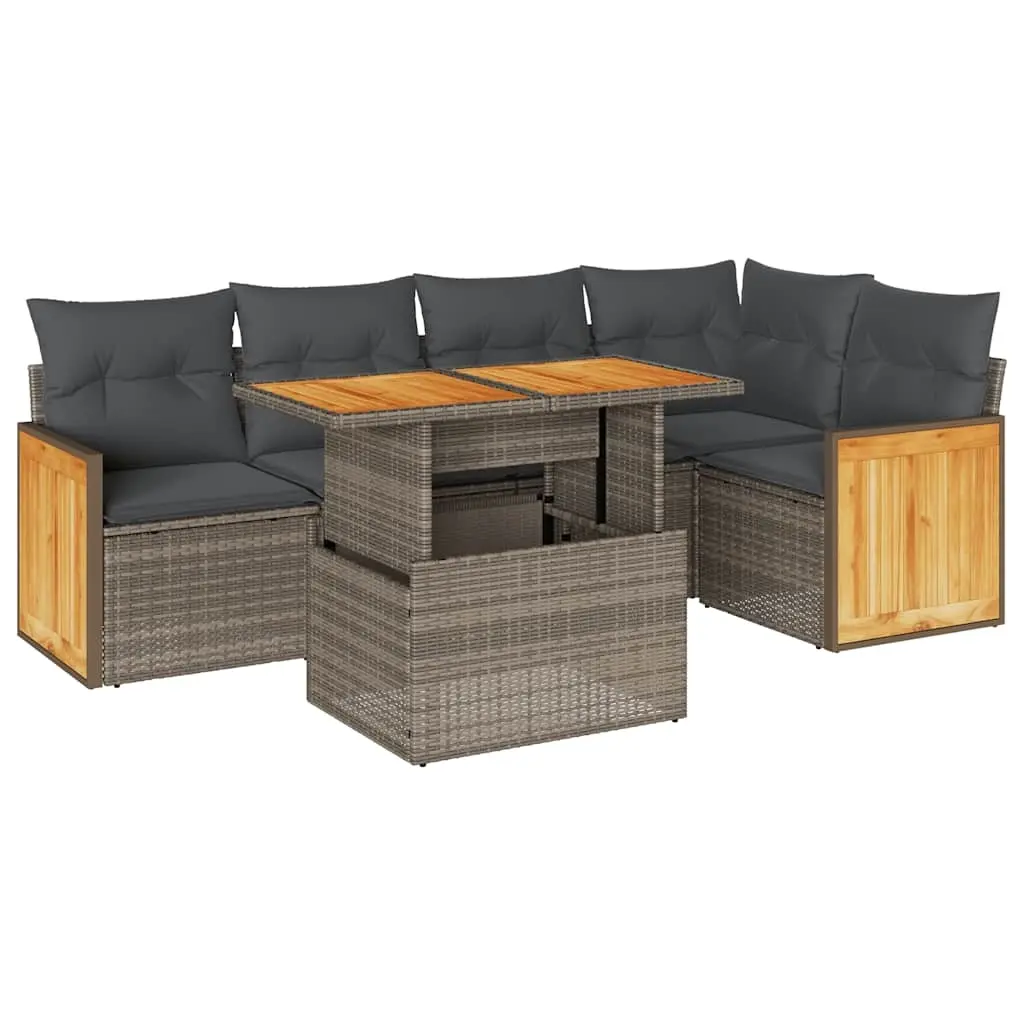 6 Piece Garden Sofa Set with Cushions Grey Poly Rattan Acacia 3327714 - Furniture