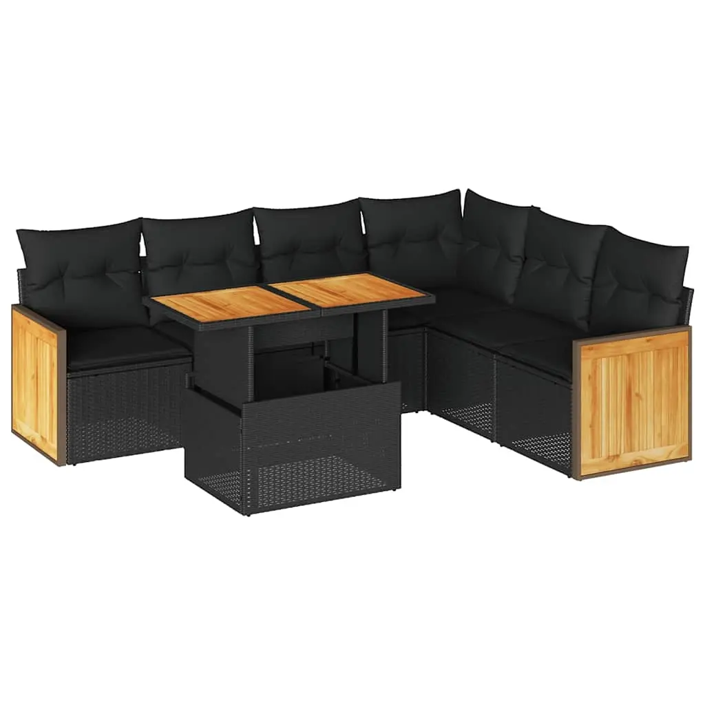 7 Piece Garden Sofa Set with Cushions Black Poly Rattan Acacia 3327716 - Furniture