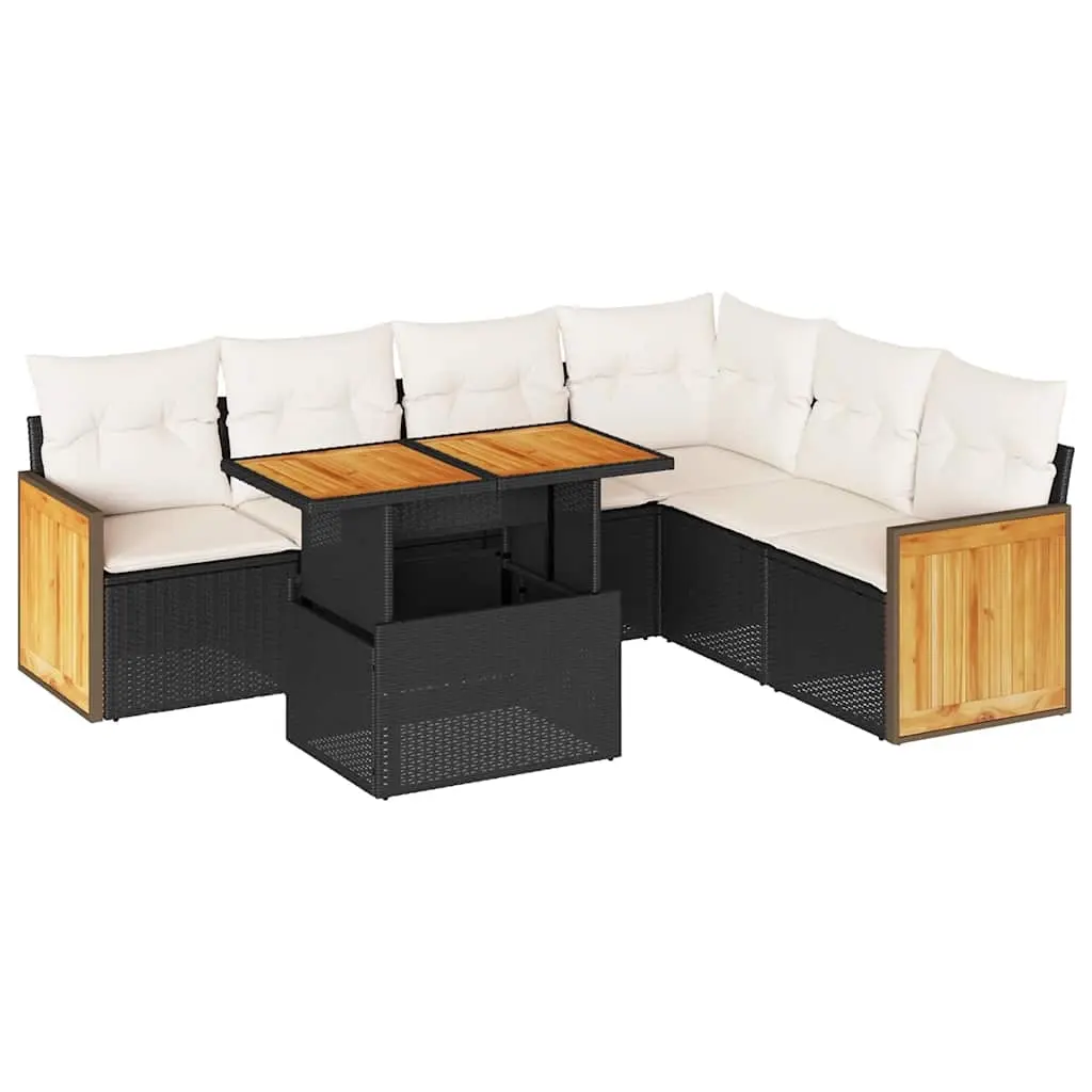 7 Piece Garden Sofa Set with Cushions Black Poly Rattan Acacia 3327717 - Furniture