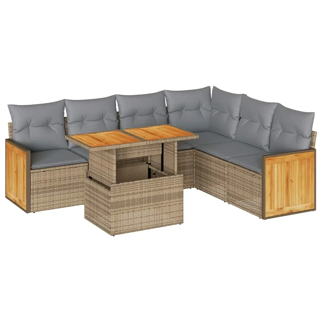 7 Piece Garden Sofa Set with Cushions Beige Poly Rattan Acacia 3327720 - Furniture