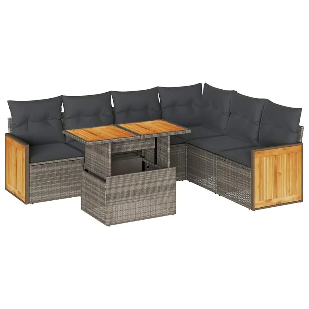 7 Piece Garden Sofa Set with Cushions Grey Poly Rattan Acacia 3327721 - Furniture