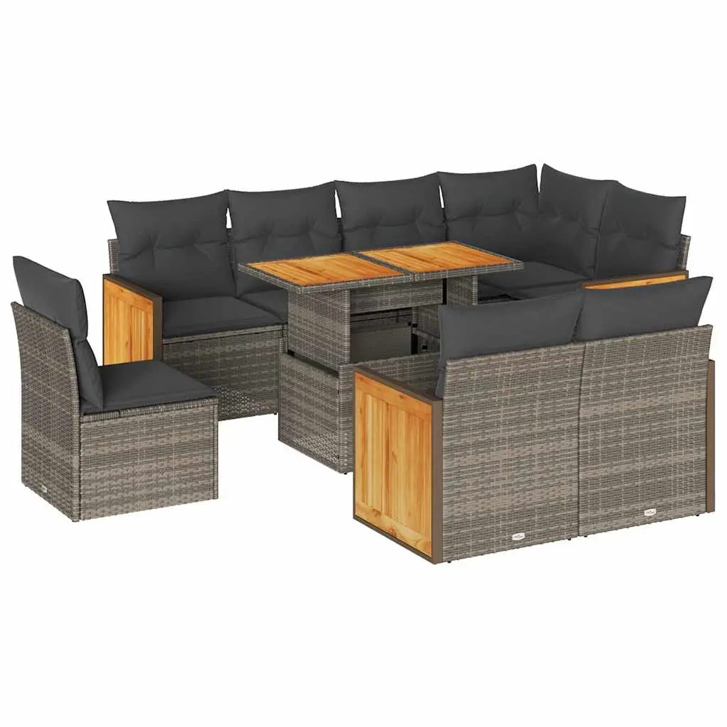 9 Piece Garden Sofa Set with Cushions Grey Poly Rattan Acacia 3327728 - Furniture