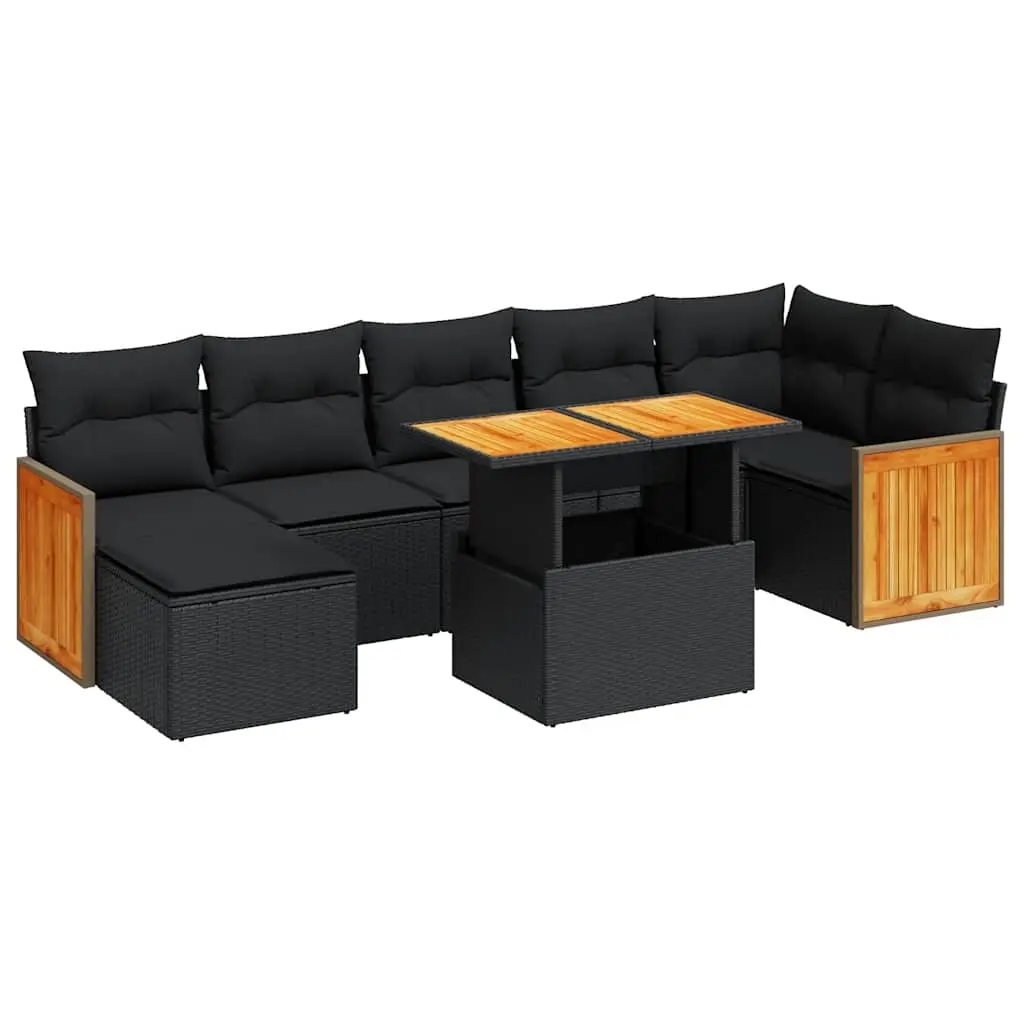 8 Piece Garden Sofa Set with Cushions Black Poly Rattan Acacia 3327737 - Furniture