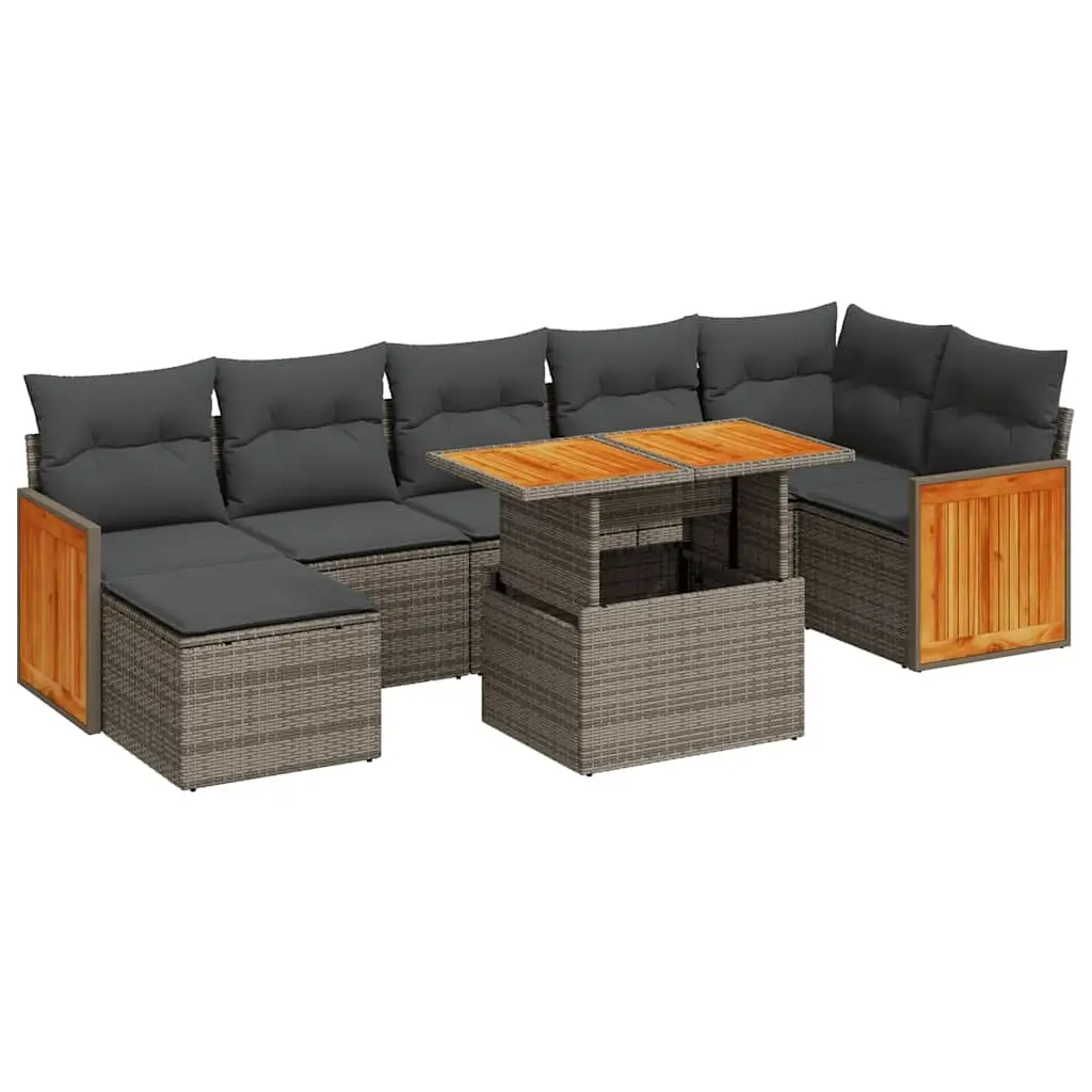 8 Piece Garden Sofa Set with Cushions Grey Poly Rattan Acacia 3327742 - Furniture