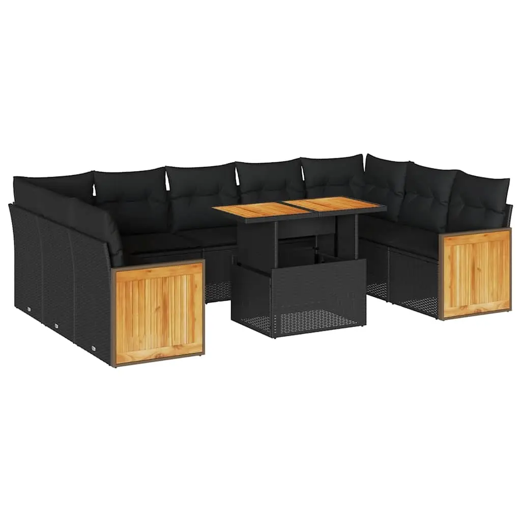 10 Piece Garden Sofa Set with Cushions Black Poly Rattan Acacia 3327751 - Furniture