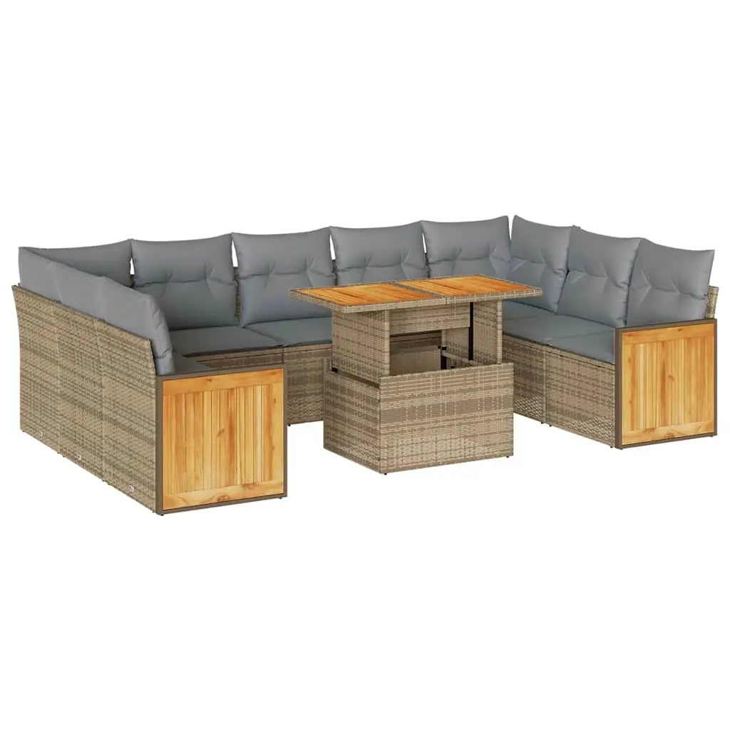 10 Piece Garden Sofa Set with Cushions Beige Poly Rattan Acacia 3327755 - Furniture