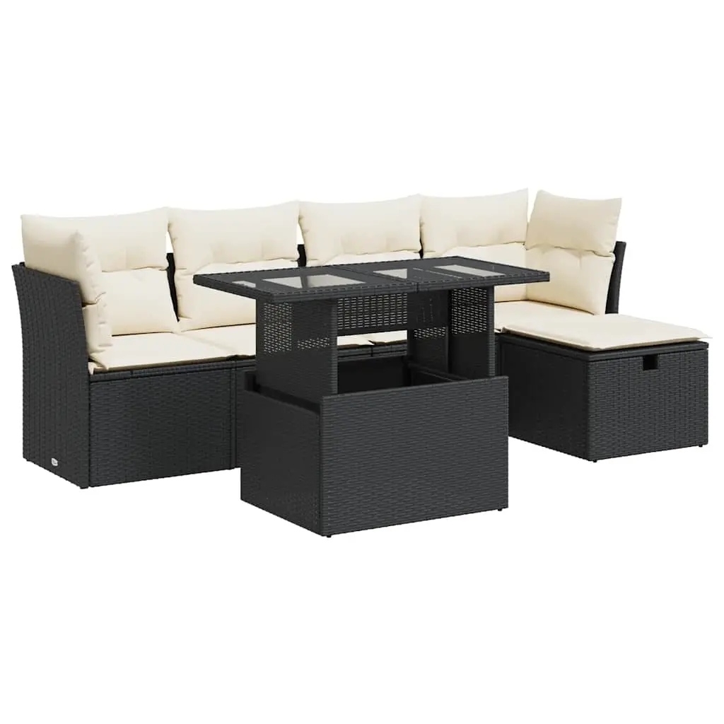 6 Piece Garden Sofa Set with Cushions Black Poly Rattan 3327766 - Furniture