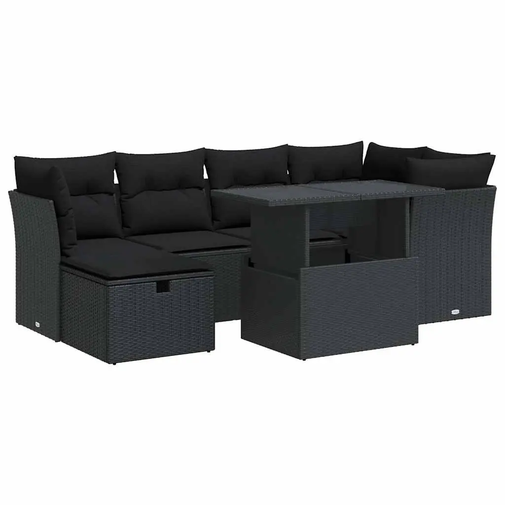 7 Piece Garden Sofa Set with Cushions Black Poly Rattan 3327775 - Furniture