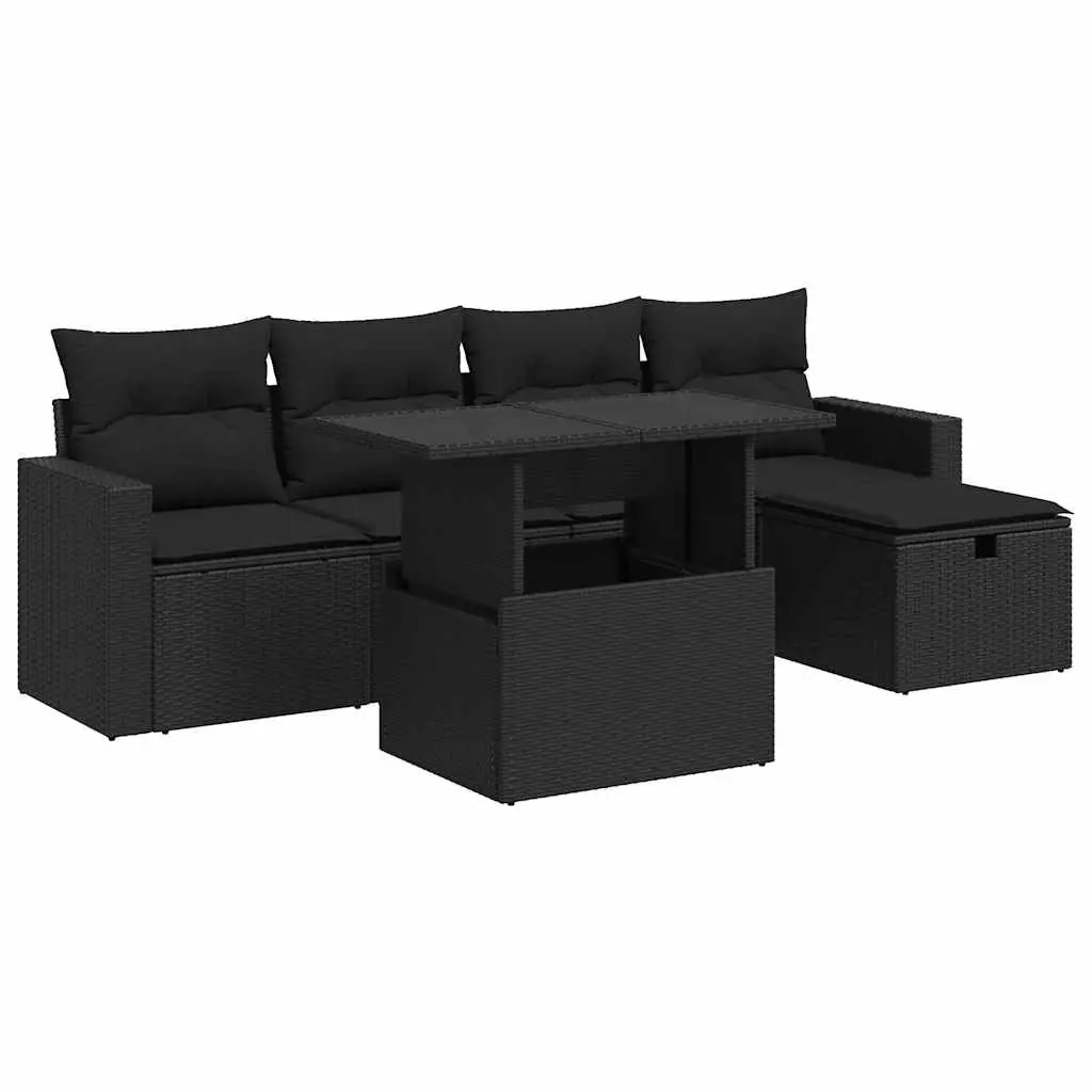 6 Piece Garden Sofa Set with Cushions Black Poly Rattan 3327805 - Furniture